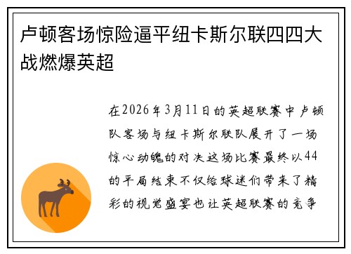 卢顿客场惊险逼平纽卡斯尔联四四大战燃爆英超
